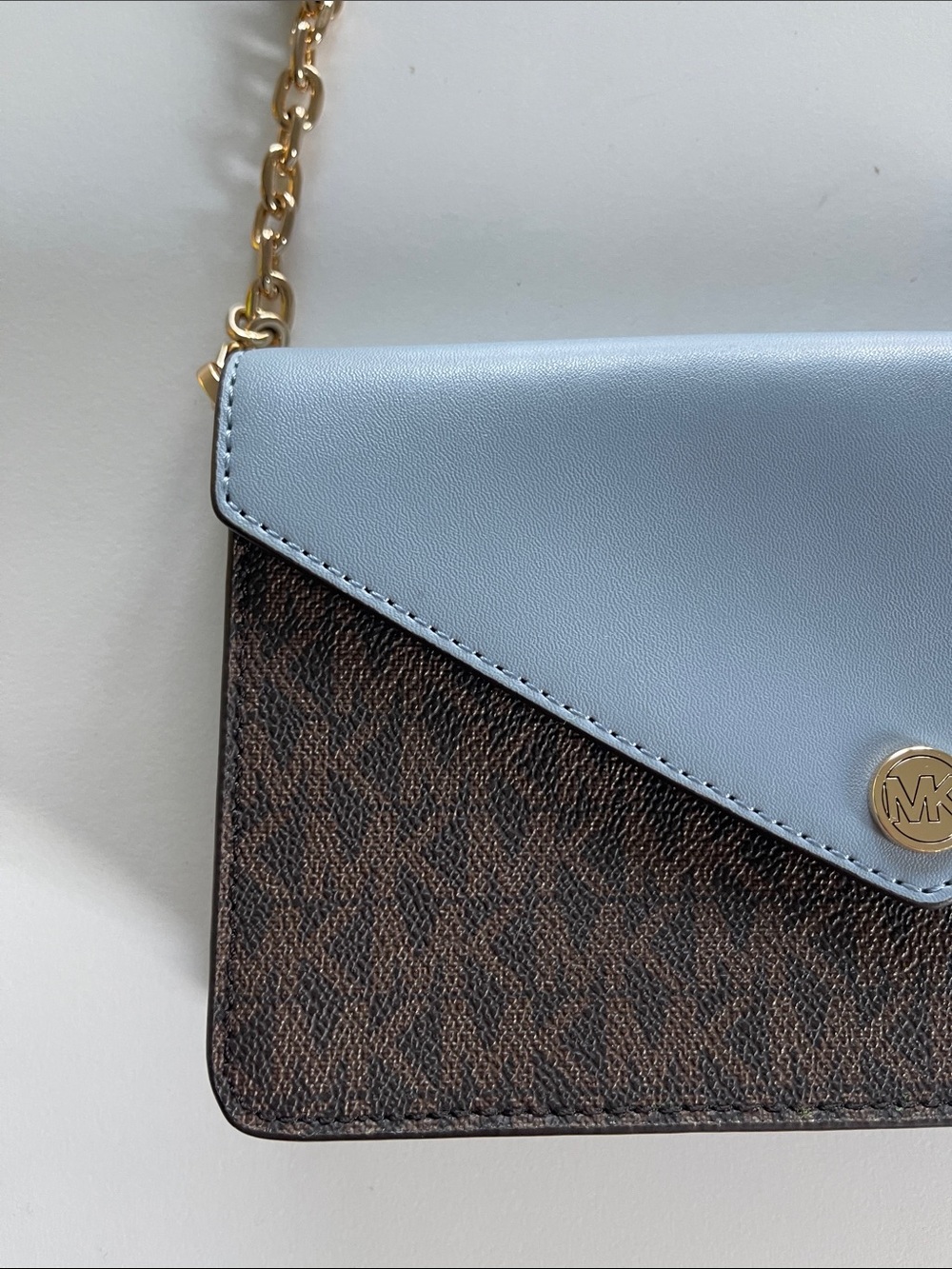 Michael Kors Two-Tone Envelope Crossbody in Light Blue and Brown - Picture 3 of 13